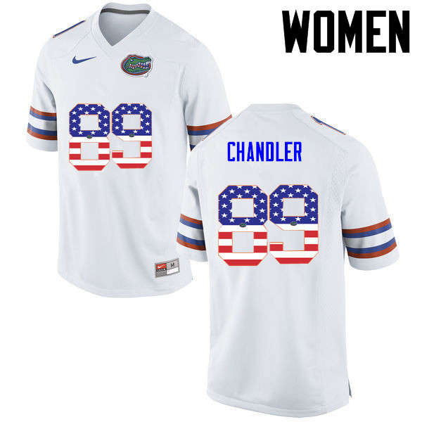 Women Florida Gators #89 Wes Chandler College Football USA Flag Fashion Jerseys-White